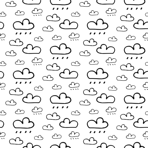 Seamless pattern hand drawn clouds. Doodle black sketch. Sign symbol. Decoration element. Isolated on white background. Flat design. Vector illustration.