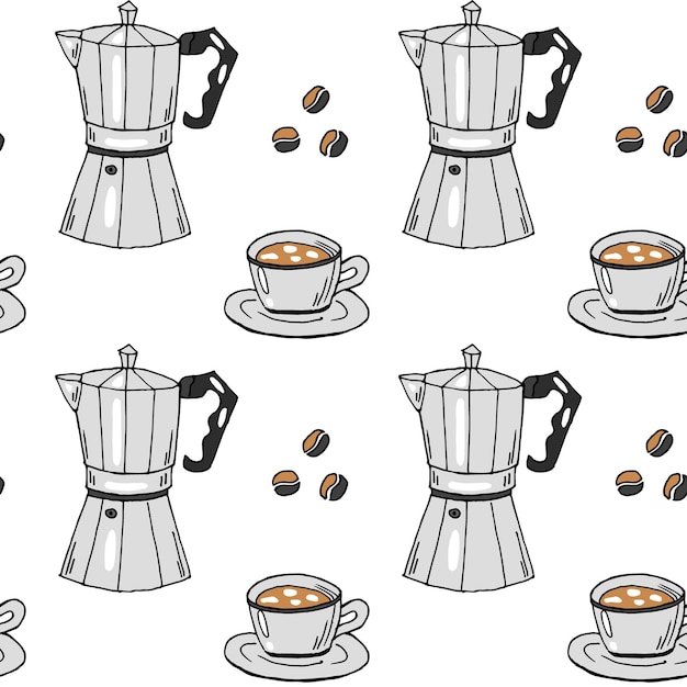 Бесшовный рисунок ручной работы кофеварки кофейные чашки и кофейные зерна на белом фоне