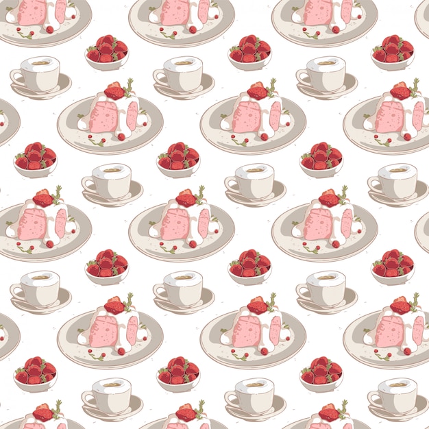 Vector seamless pattern hand drawn coffee with strawberry cake