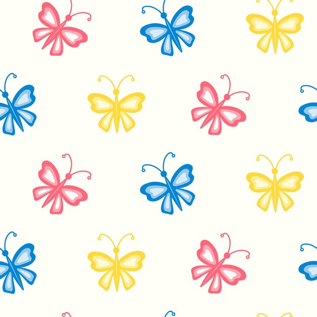 Seamless pattern of hand drawn colourful butterflies on isolated background