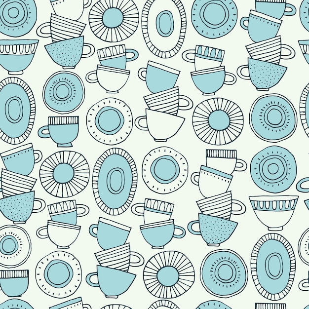 Vector seamless pattern hand drawn cups plates and saucers decorated with patterns in scandinavian style