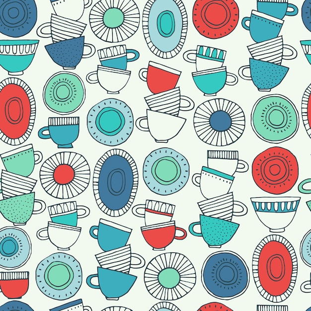 Vector seamless pattern hand drawn cups plates and saucers decorated with patterns in scandinavian style