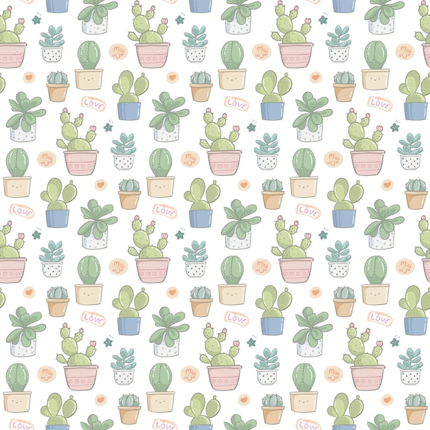 Seamless pattern hand drawn cute cactus