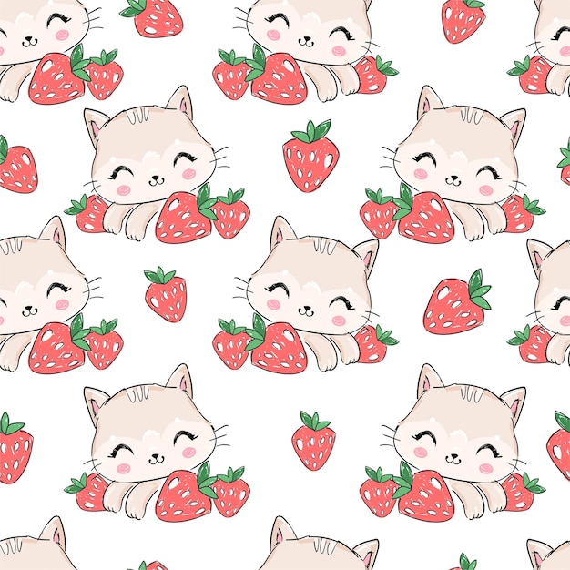 Modello senza cuciture disegnato a mano simpatico gatto e fragola