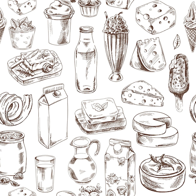 Vector seamless pattern of hand drawn dairy produce in sketch style