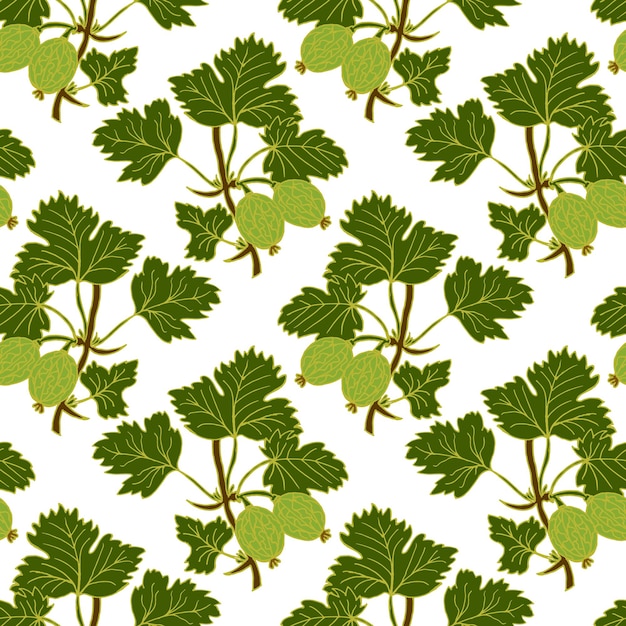 Vector seamless pattern, hand-drawn delicate branches of gooseberries with leaves