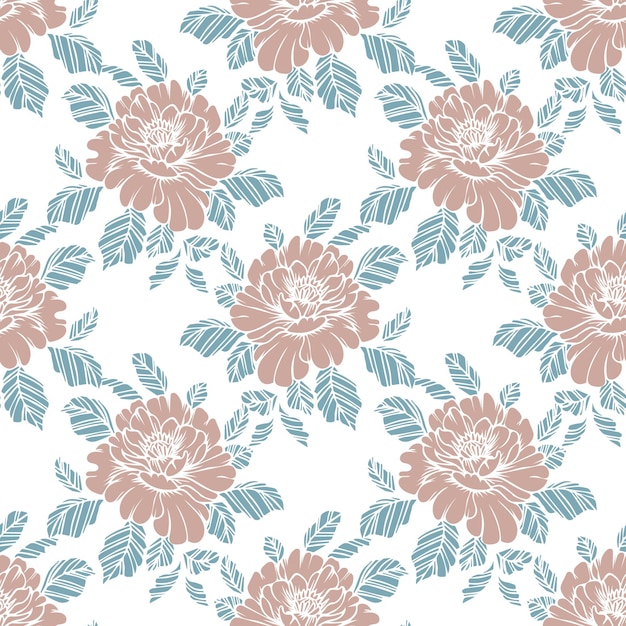 Seamless pattern, hand-drawn delicate peonies on a white background. Floral vintage background