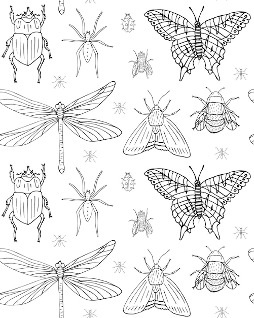 Seamless pattern of hand drawn different insects