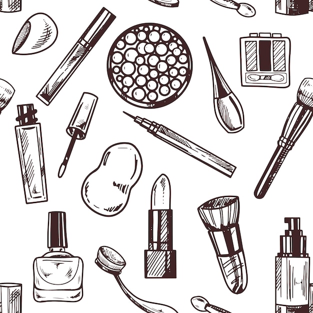 Vector seamless pattern of hand drawn doodle cosmetics beauty selfcare elementsfor beauty salon