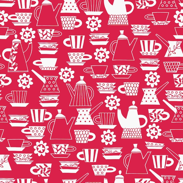 Seamless pattern Hand drawn Fika koffe cups decorated with patterns in Scandinavian style in Color of The Year Viva Magenta For wrapping paper other design projects