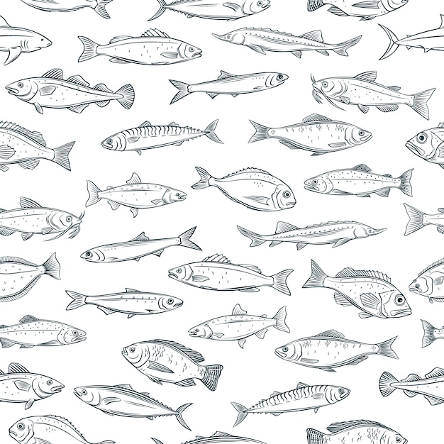 Seamless pattern hand drawn fish