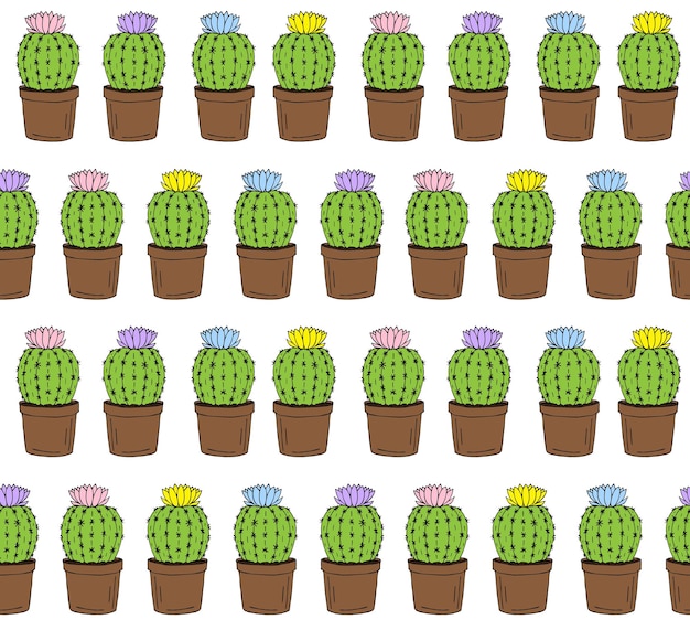 Vector seamless pattern of hand drawn flower cacti