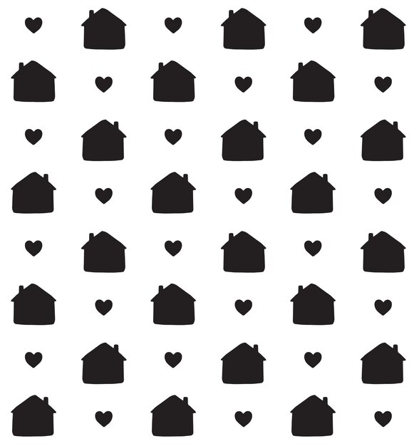 Seamless pattern of hand drawn house silhouette and hearts