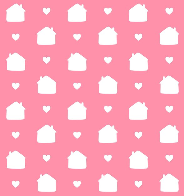 Seamless pattern of hand drawn house silhouette and hearts