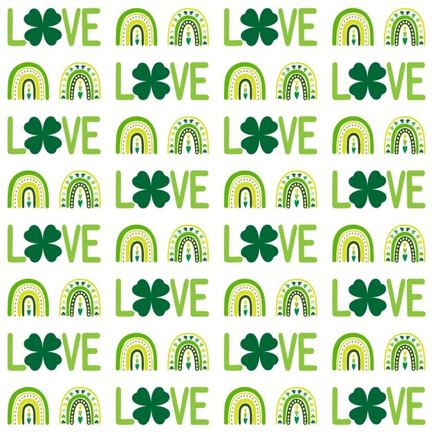 Seamless pattern of hand drawn Irish rainbows, love word and lucky shamrock.