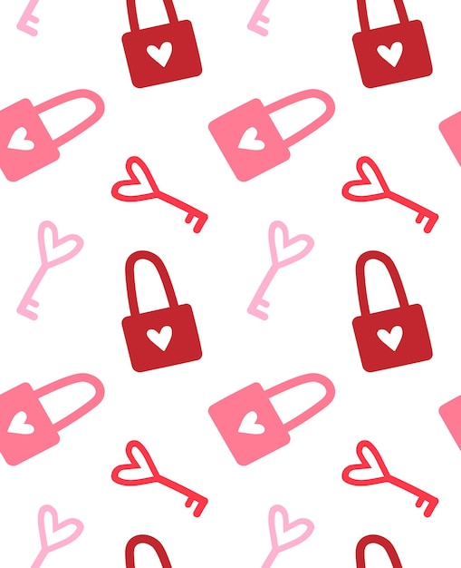 Seamless pattern of hand drawn keys and locks with hearts