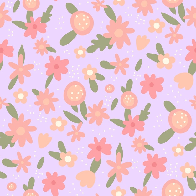 Seamless pattern of hand drawn little spring flowers on purple background