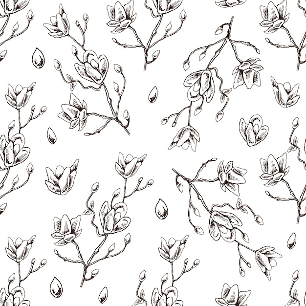 Seamless pattern of hand drawn magnolia flower in sketch retro style