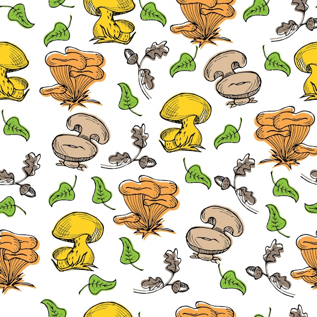 Seamless pattern, hand drawn mushrooms, acorns and leaves on a white background