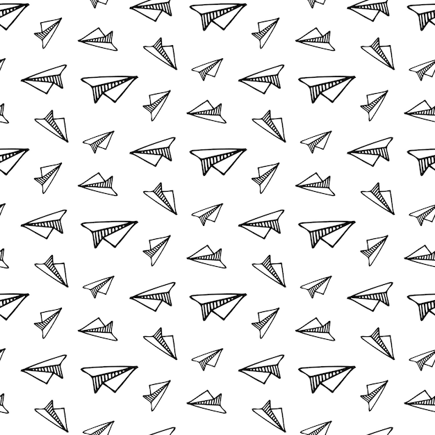 Seamless pattern hand drawn paper airplane. Doodle black sketch. Sign symbol. Decoration element. Isolated on white background. Flat design. Vector illustration.