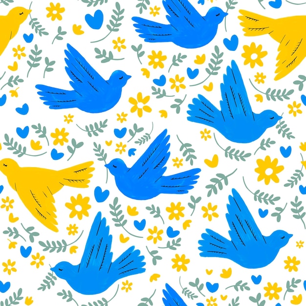 Seamless pattern of hand drawn peace doves in blue and yellow colors Illustration for background