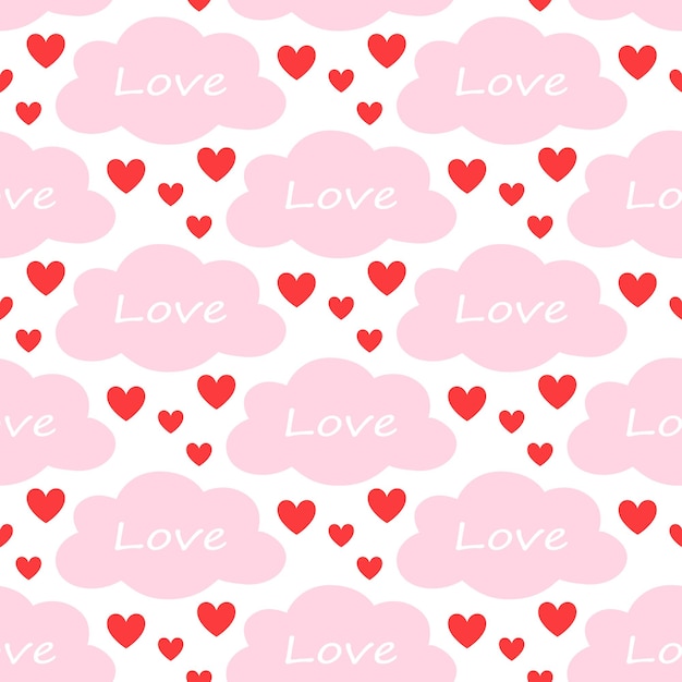 Seamless pattern of hand drawn pink clouds and raindrops of hearts
