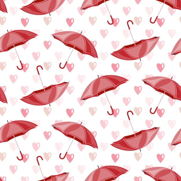 Seamless pattern of hand drawn pink rain of heart drops and umbrellas.