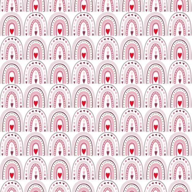 Seamless pattern of hand drawn pink rainbows with hearts on isolated background.