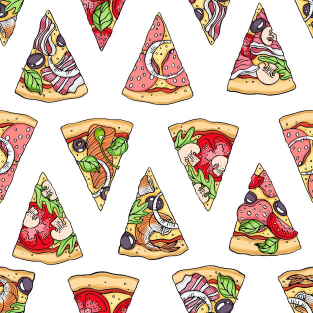 Vettore modello senza cuciture delle fette di pizza disegnate a mano. illustrazione vettoriale