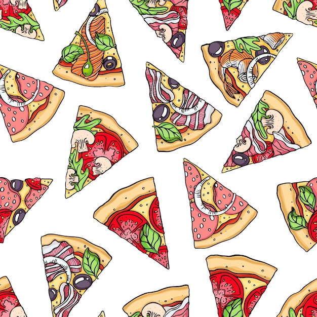 Modello senza cuciture di fette di pizza disegnate a mano. illustrazione vettoriale