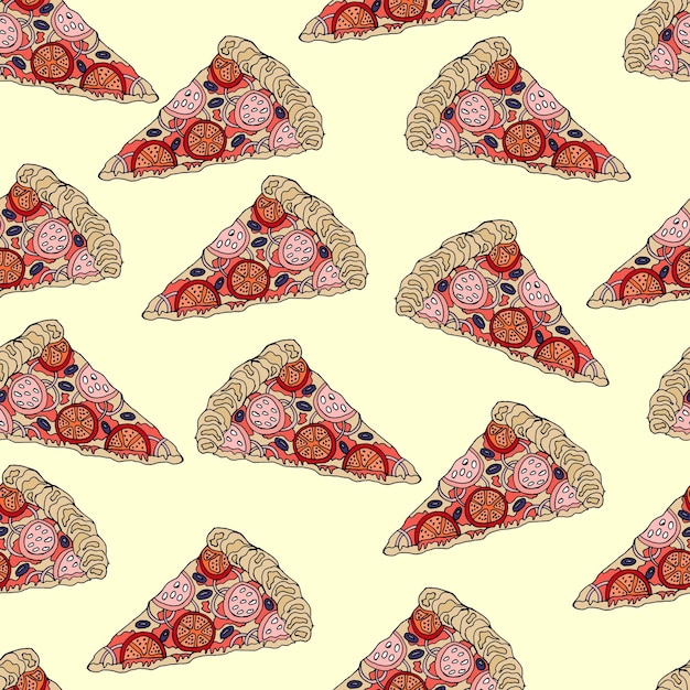 Seamless pattern, hand drawn pizza slices with mushrooms, onion, sausage, cheese. Italian food