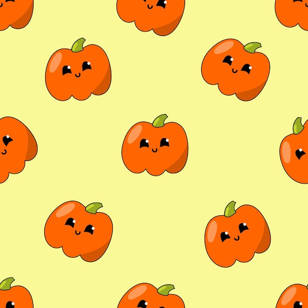 Seamless pattern of hand drawn pumpkins on yellow background