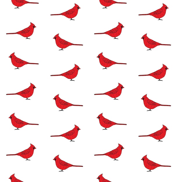 Seamless pattern of hand drawn red cardinals