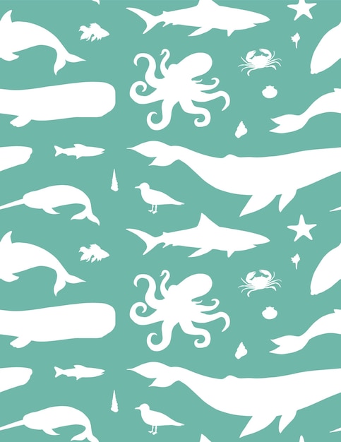 Seamless pattern of hand drawn sea animals and fish silhouette