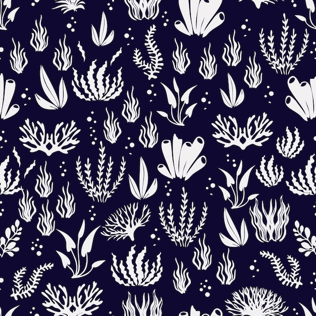Pianta marina disegnata a mano con motivo senza cuciture illustrazione bianca vettoriale su sfondo blu scuro