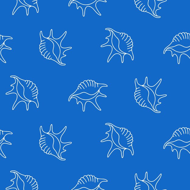 Vector seamless pattern of hand drawn seashells outlines on greek blue background