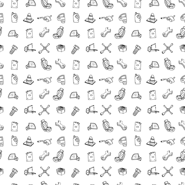 Seamless pattern hand drawn set of auto spare parts. Doodle black sketch. Sign symbol. Decoration element. Isolated on white background. Flat design. Vector illustration.