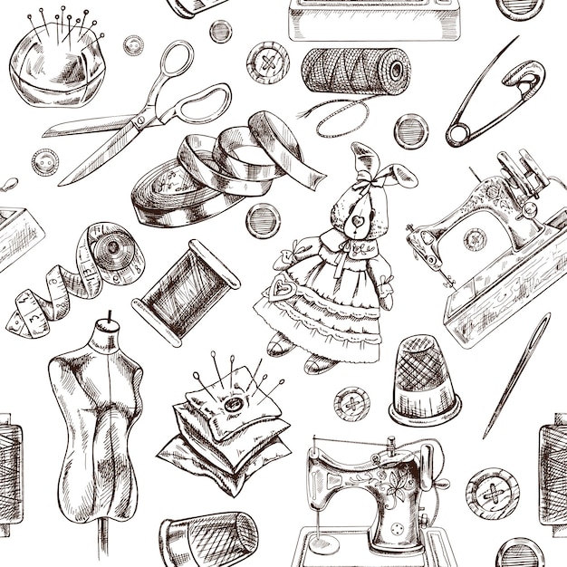 Vector seamless pattern of hand drawn sewing elements in vintage doodle engraving style