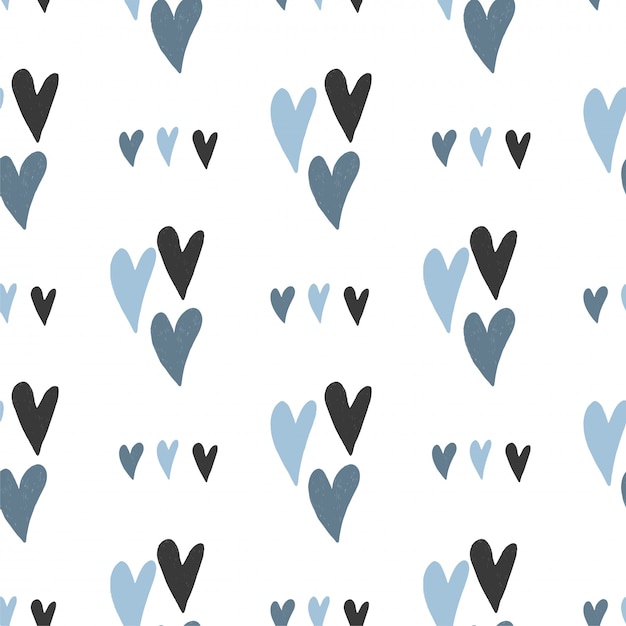 Vector seamless pattern of hand drawn simple hearts in pastel blue colors