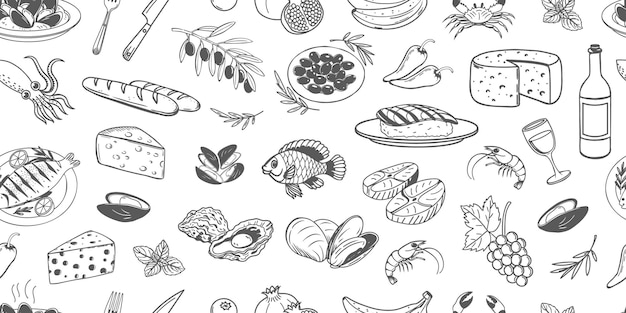 seamless pattern of hand drawn simple mediterranean food fish seafood cheese olives bread
