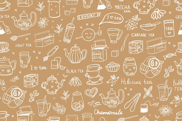 Seamless pattern of hand drawn tea theme elements in doodle style I love tea tea time Cute vector