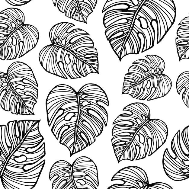 Seamless pattern hand drawn tropical plants leaf leaves In doodle style Vector illustration