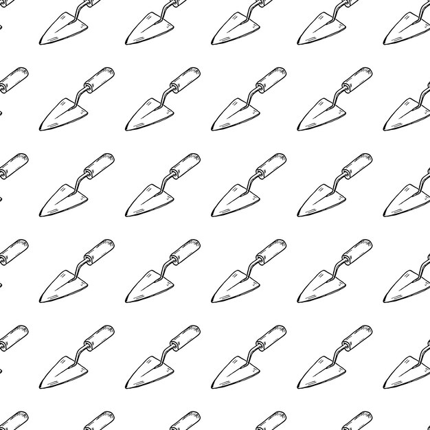 Seamless pattern hand drawn trowel. Doodle black sketch. Sign symbol. Decoration element. Isolated on white background. Flat design. Vector illustration.