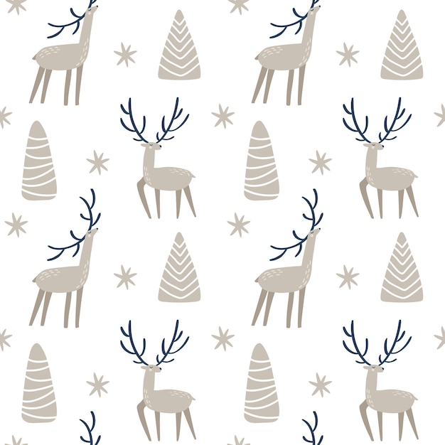 Seamless pattern of hand drawn Vector Christmas tree, snowflake and deer. Baby Winter forest scandinavian.