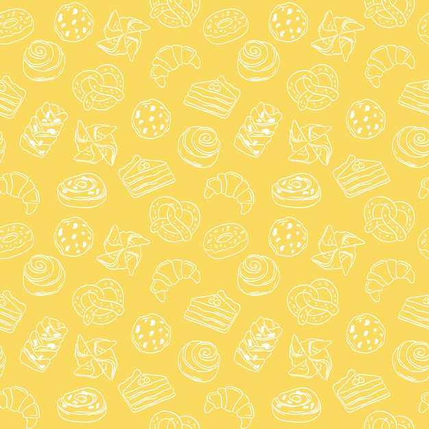 Seamless pattern hand drawn white outline pastry bakery on yellow background vector illustration