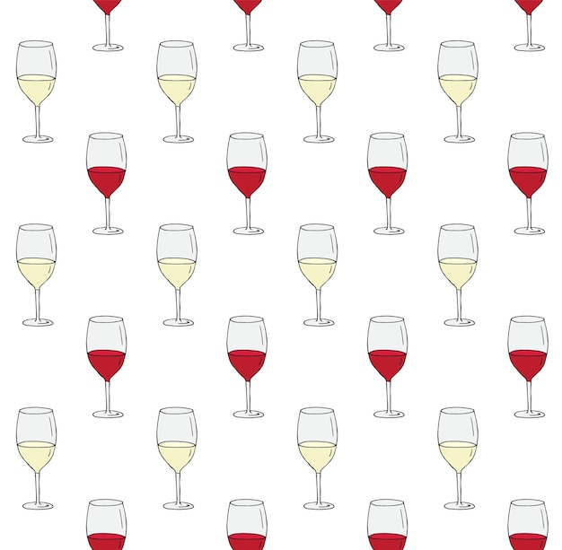 Vector seamless pattern of hand drawn white and red wine glass