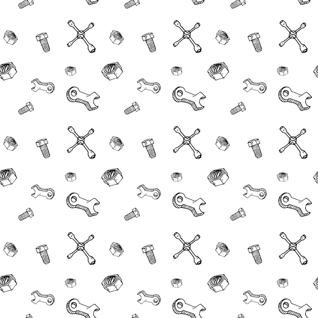 Seamless pattern hand drawn wrench | bolt | nut. Doodle black sketch. Sign symbol. Decoration element. Isolated on white background. Flat design. Vector illustration.