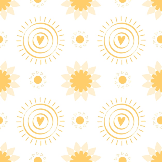 원활한 패턴 손으로 그린 노란색 낙서 태양 배경 태양 아이콘 화창한 여름 노란색