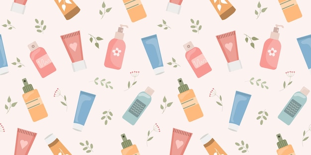 Seamless pattern of hand and face creams organic cosmetics Skin care background Print wallpaper