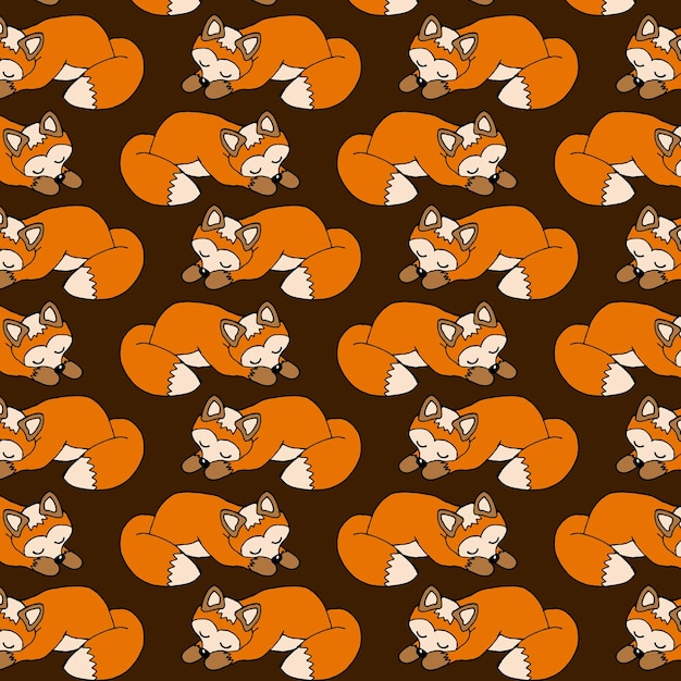 seamless pattern handdrawn colored foxes on a brown background